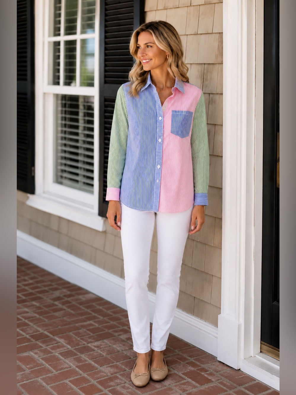 Lola River Colorblock Stripes Cotton Button-Down Shirt Preppy Pink Blue Green S
